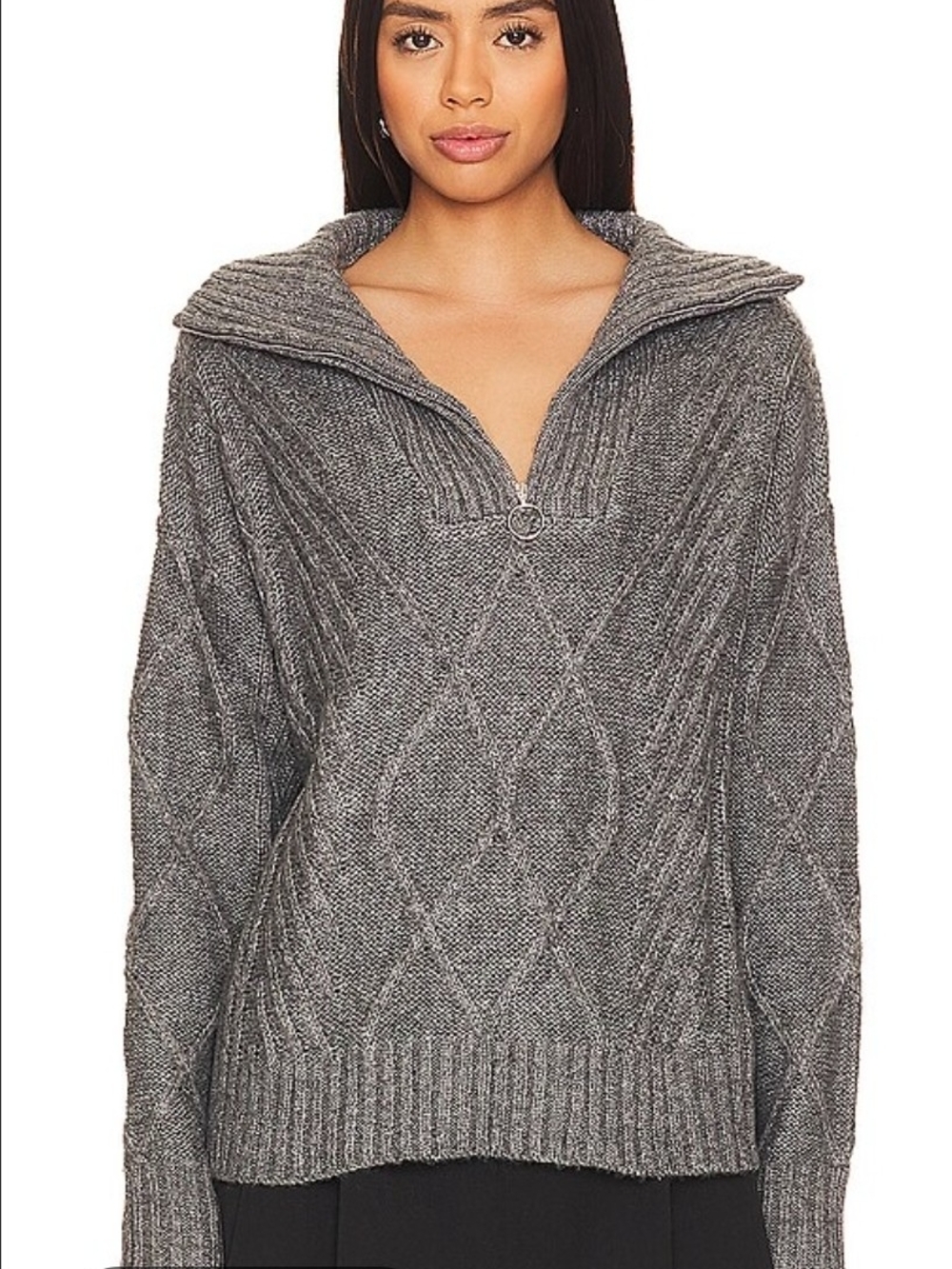 Women's Gray Cable Knit Zip-Cowl Turtleneck Sweater